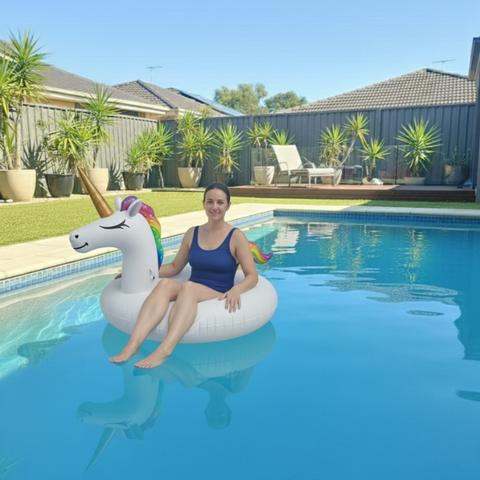 Inflatable Rainbow Unicorn & Pink Flamingo Swim Ring Set